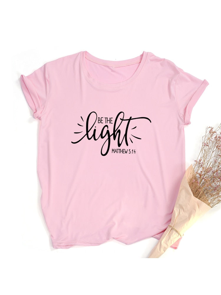 Fashion Women T Shirt with Be The Light Matthew Print Christian Slogan Aesthetic Street Style Faith Jesus Vintage Yellow Tee Top