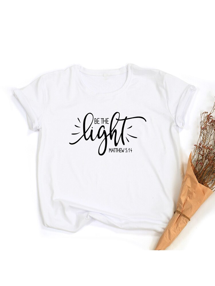 Fashion Women T Shirt with Be The Light Matthew Print Christian Slogan Aesthetic Street Style Faith Jesus Vintage Yellow Tee Top