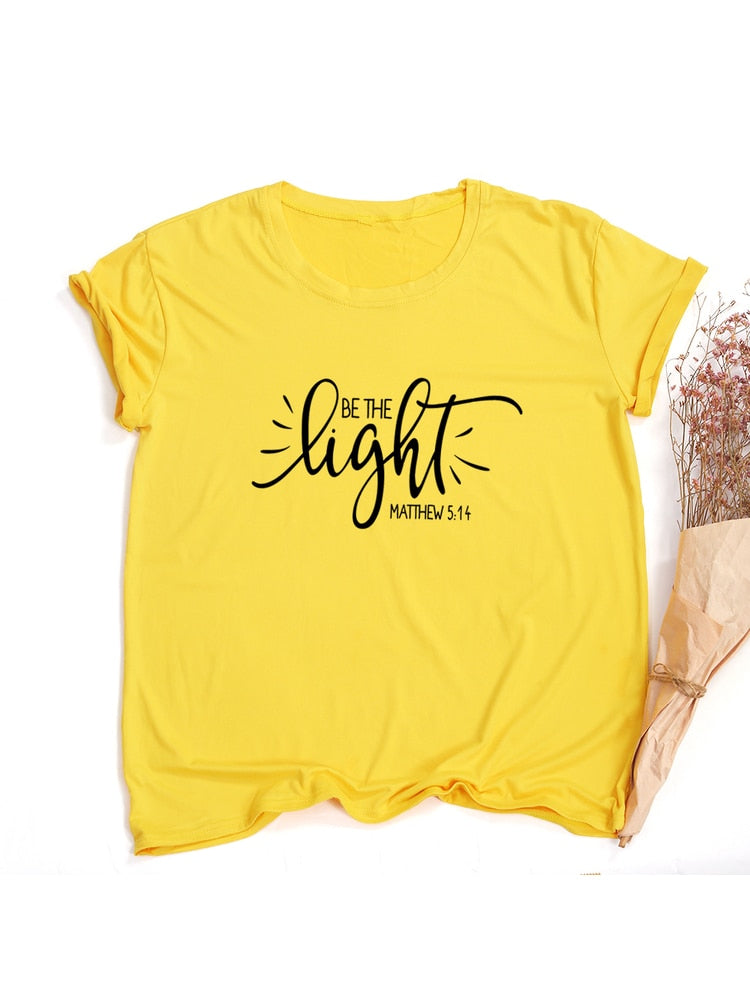 Fashion Women T Shirt with Be The Light Matthew Print Christian Slogan Aesthetic Street Style Faith Jesus Vintage Yellow Tee Top