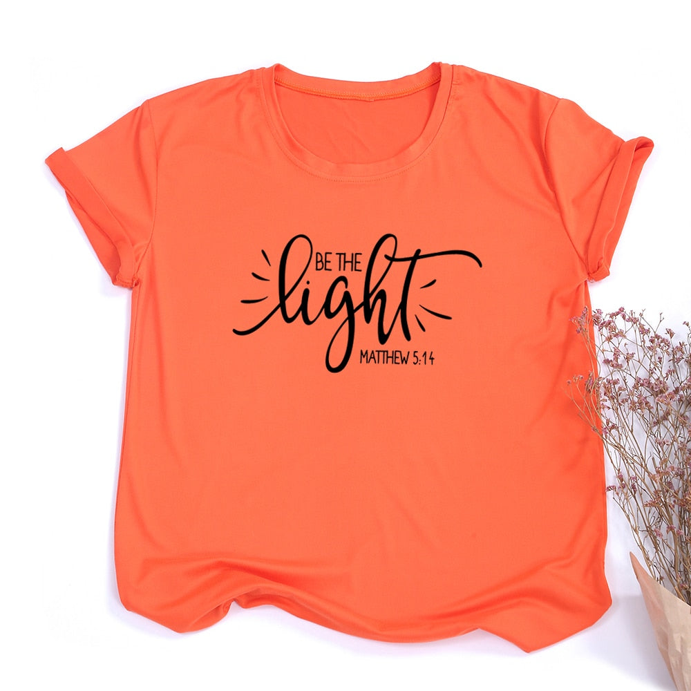 Fashion Women T Shirt with Be The Light Matthew Print Christian Slogan Aesthetic Street Style Faith Jesus Vintage Yellow Tee Top