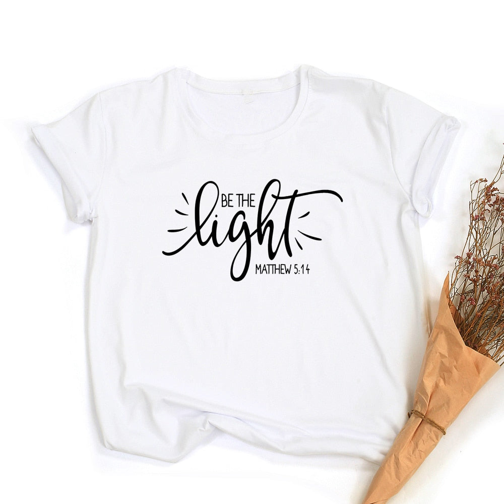 Fashion Women T Shirt with Be The Light Matthew Print Christian Slogan Aesthetic Street Style Faith Jesus Vintage Yellow Tee Top
